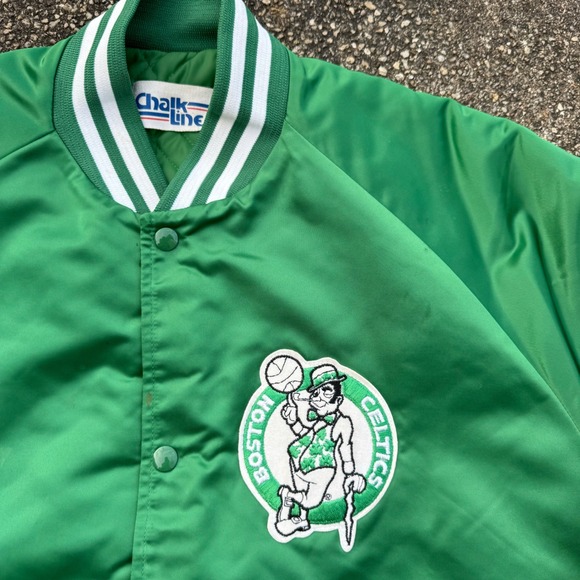 Vtg 80s Chalk Line Boston Celtics Satin Bomber Jacket Men's LT Spellout Green - Picture 4 of 7
